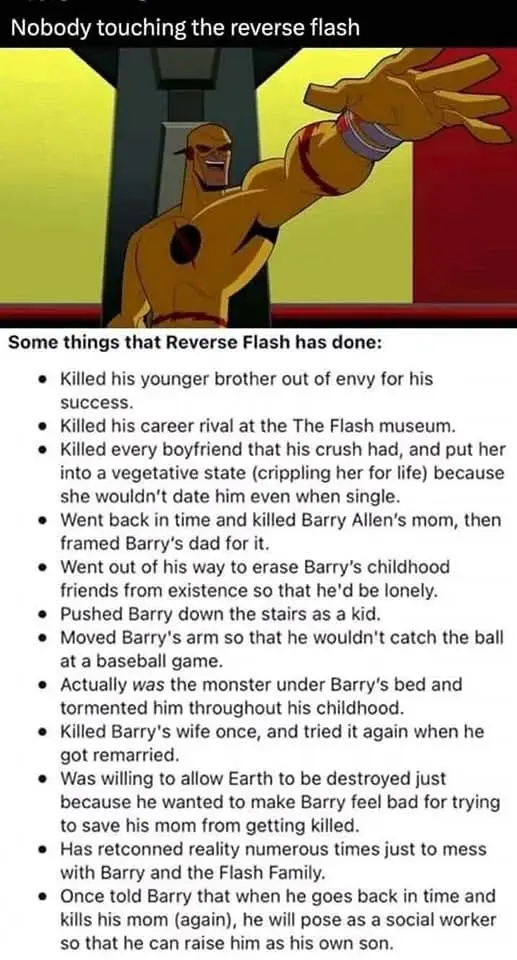 An animated image of the Reverse Flash character, smiling and extending his hand forward. Below him is a bulleted list…