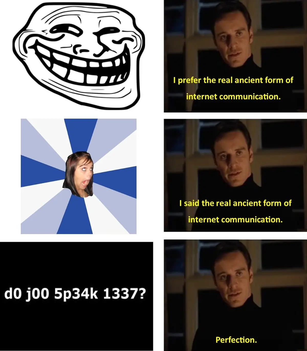 This meme is a four-panel grid featuring the 'troll face' in the top-left, a shocked woman on a blue and white radial…