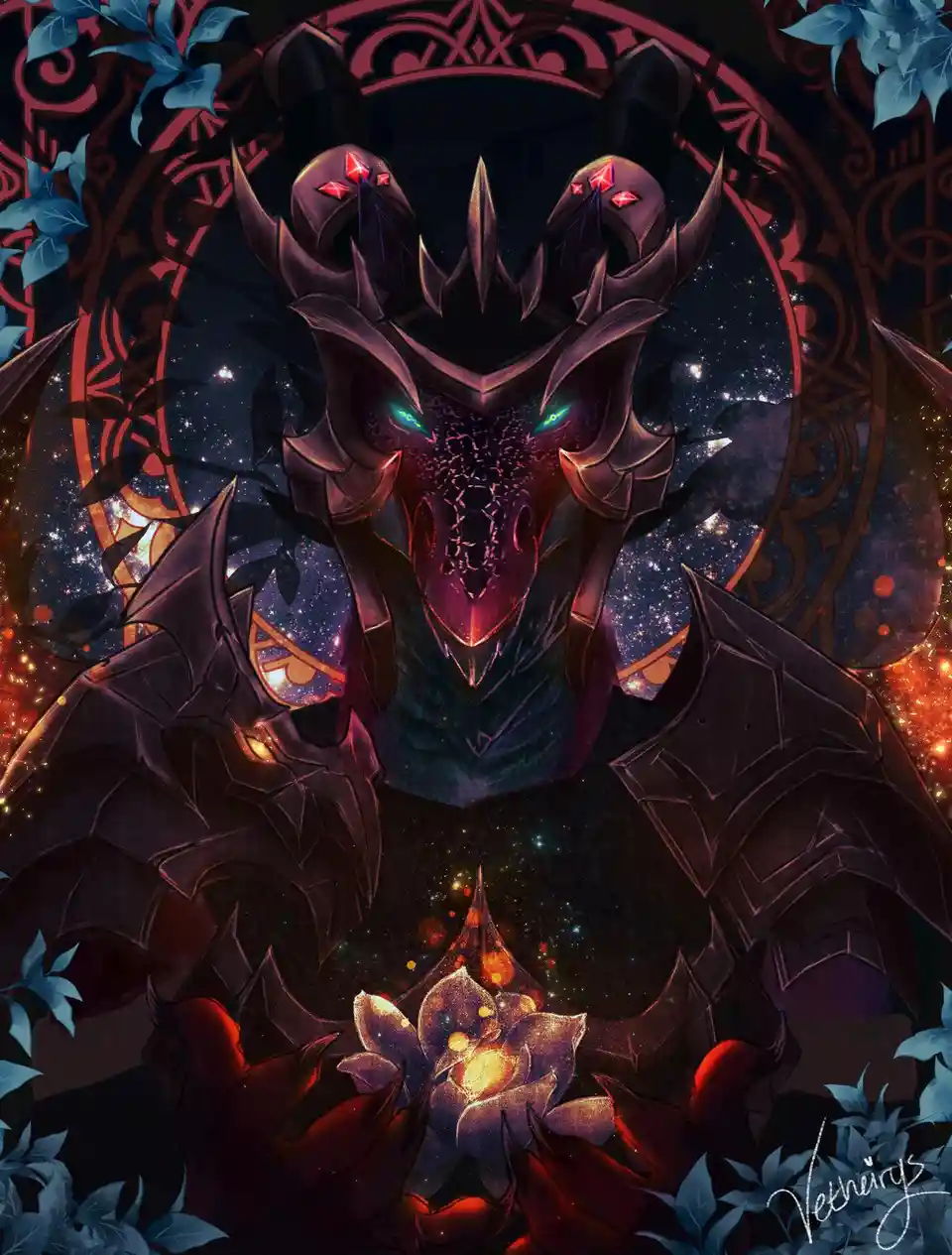 A dark, armored dragon with glowing green eyes and red gem-like horns stares forward, holding a glowing golden flower in its…