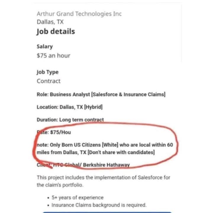 A job posting from Arthur Grand Technologies Inc. in Dallas, TX, lists a $75/hour contract for a Business Analyst role, with…