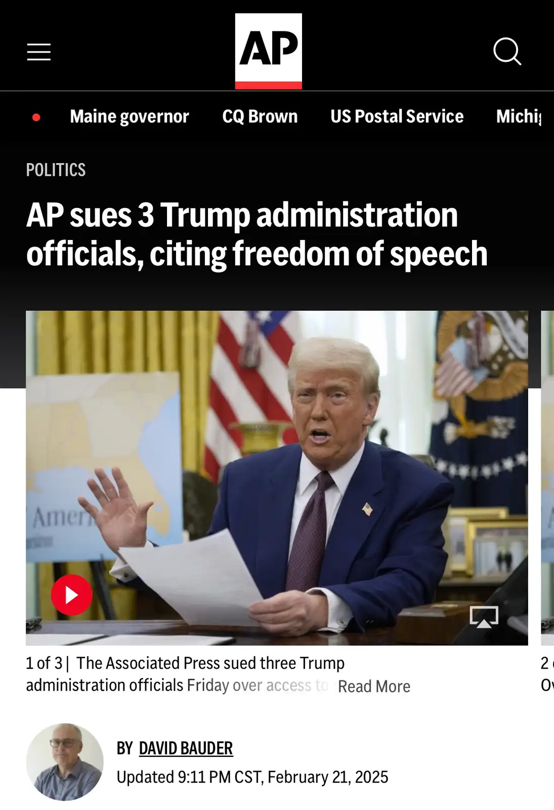 A screenshot of an Associated Press news article shows a photo of Donald Trump speaking at a desk with an American flag and…