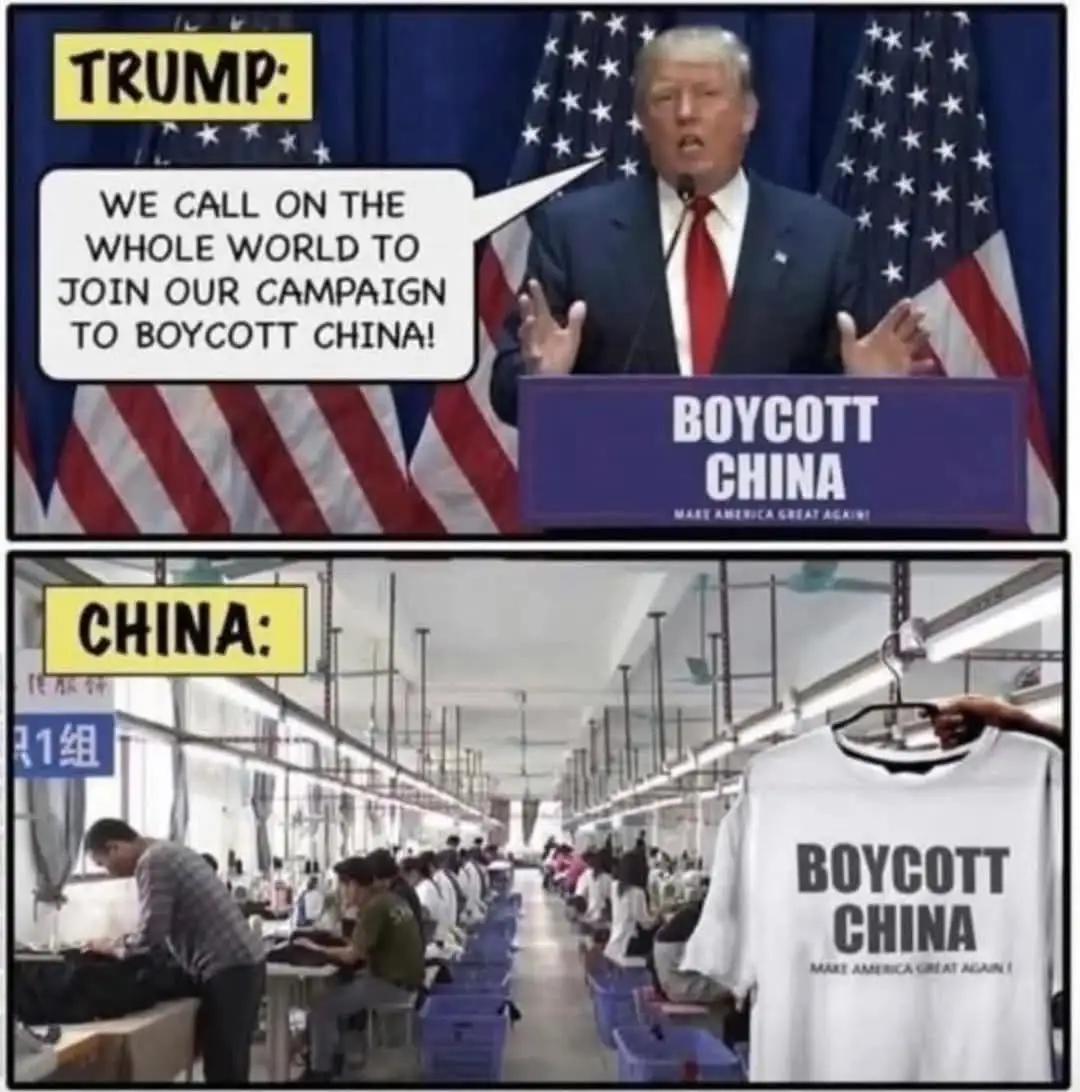 The top panel shows Donald Trump speaking at a podium with 'BOYCOTT CHINA' and 'MAKE AMERICA GREAT AGAIN!' written on it…