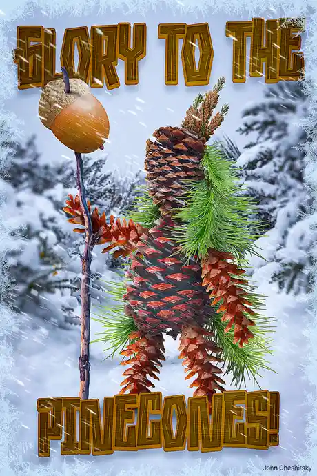 A digitally created image shows a humanoid figure made entirely of pinecones and pine needles standing in a snowy forest…