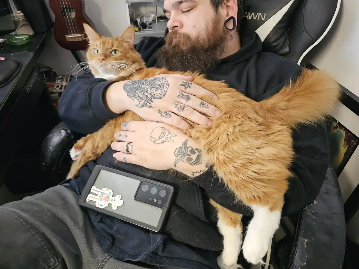 A man with a beard and multiple tattoos on his hands is sitting in a gaming chair, holding a large orange tabby cat. The cat…