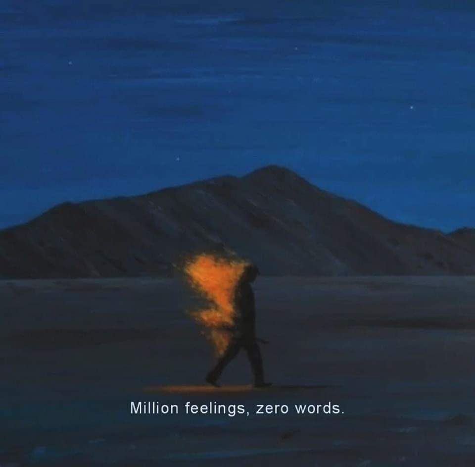 A silhouette of a person walking across a barren landscape under a starry night sky, with a fiery, glowing mass erupting…