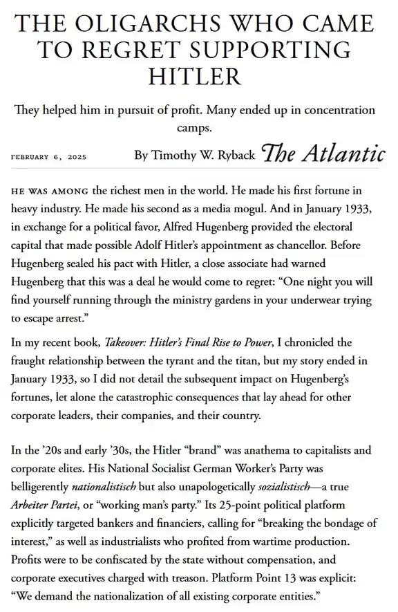 The image displays a newspaper article from The Atlantic dated February 6, 2025, by Timothy W. Ryback, discussing how…