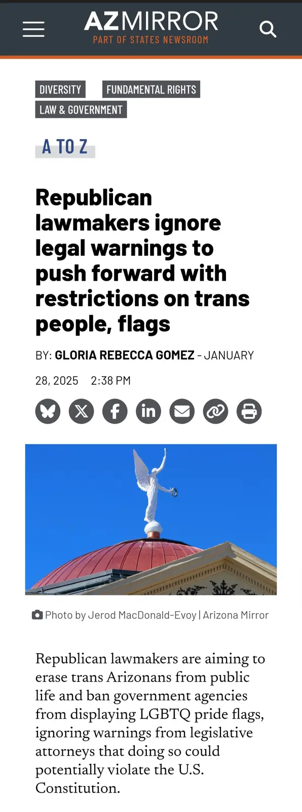 A screenshot of an Arizona Mirror news article with a headline about Republican lawmakers ignoring legal warnings to push…