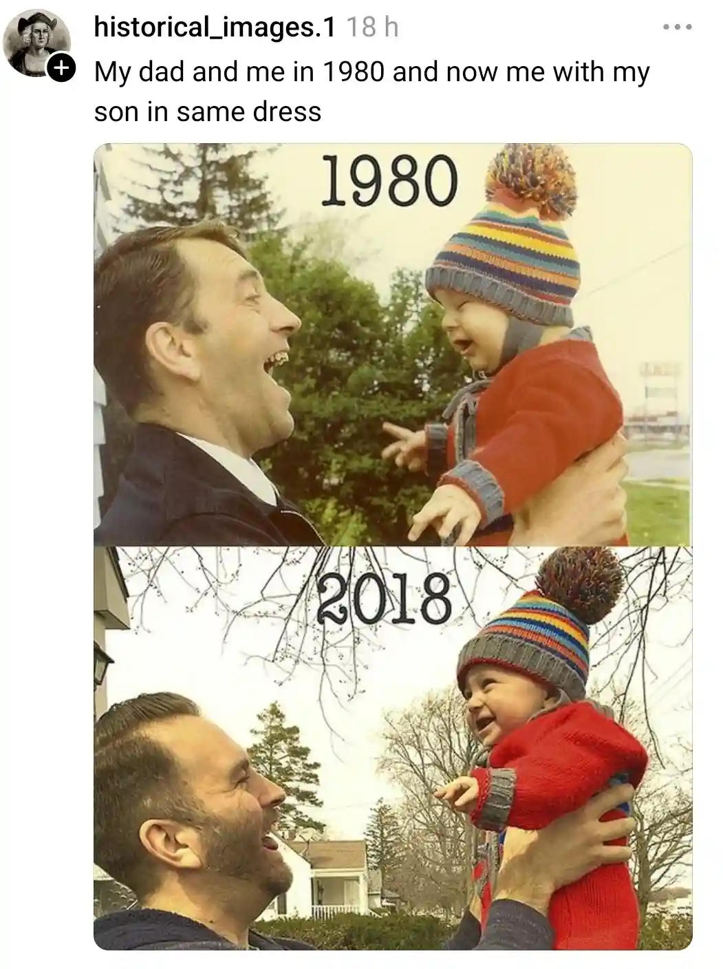 Two photos show a man holding a child in identical red sweaters and rainbow-striped knit hats with pom-poms, labeled '1980'…