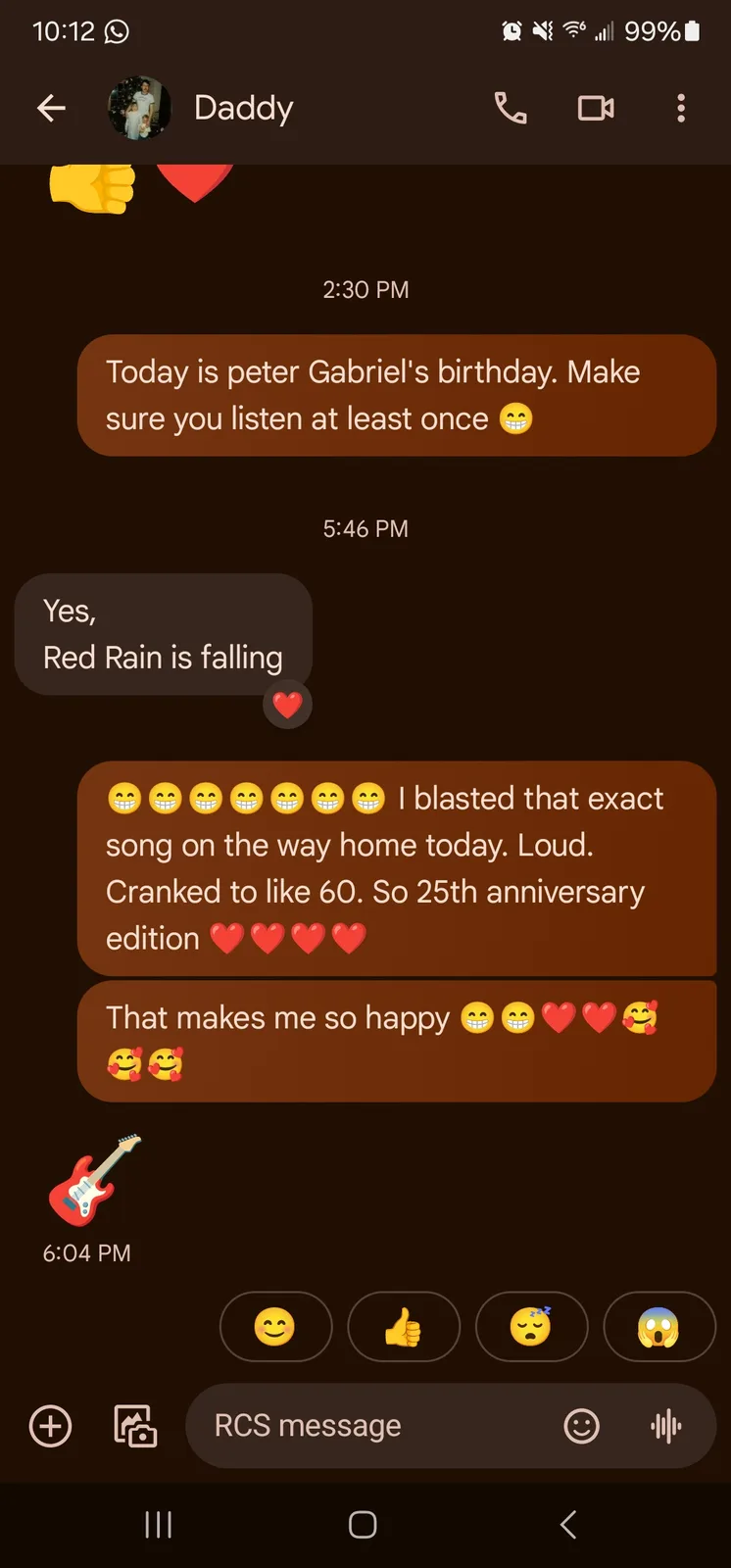 A screenshot of a text conversation between a user and 'Daddy' shows a birthday message about Peter Gabriel, followed by a…