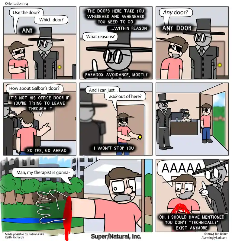 A six-panel comic strip shows a man asking about doors in a surreal office. A suited, top-hatted guard explains any door can…