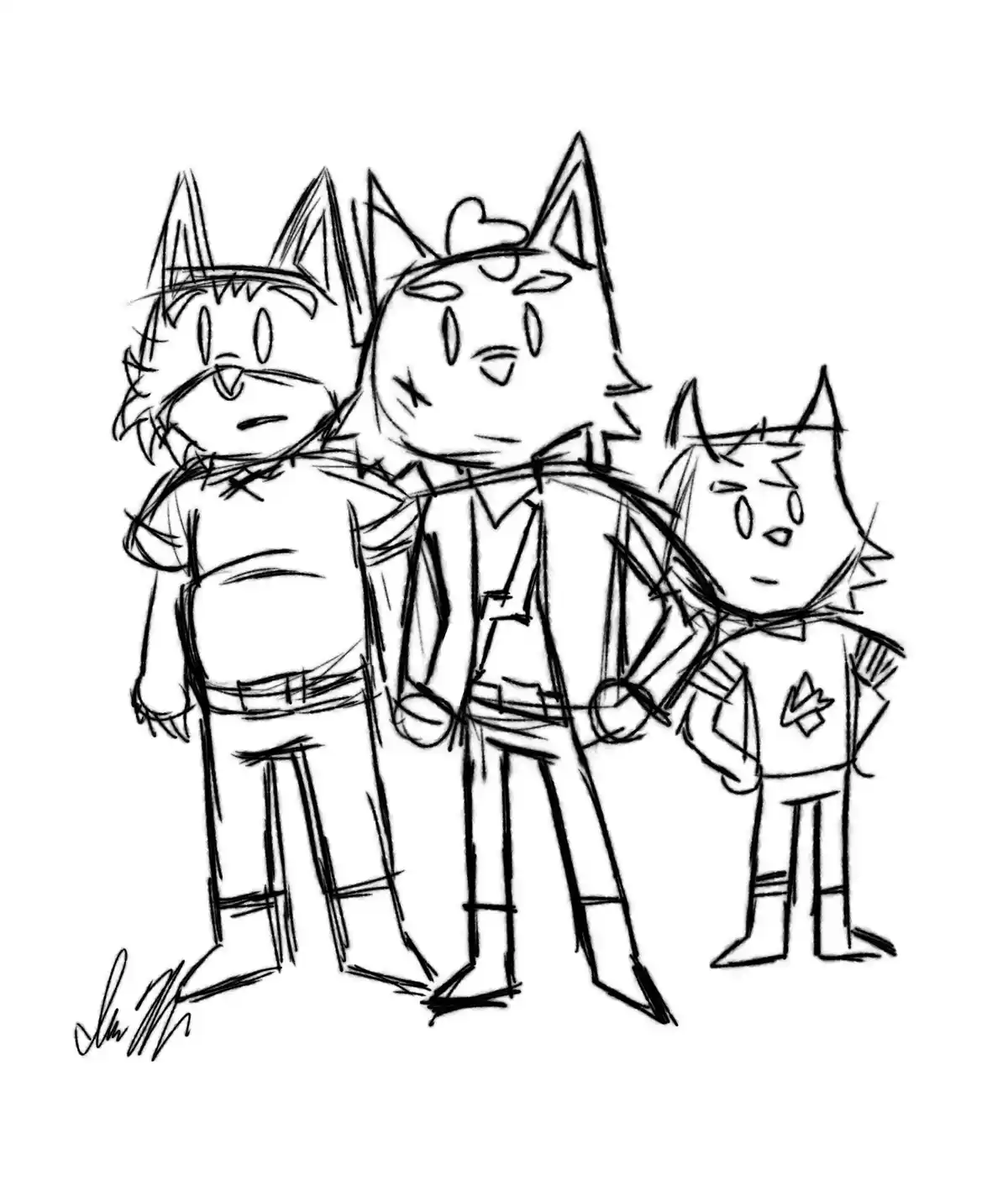 A rough black-and-white sketch shows three anthropomorphic cat characters standing side-by-side. The central character…