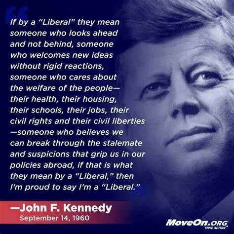A blue-tinted portrait of John F. Kennedy looking upward and to the side, overlaid with a long quote attributed to him from…