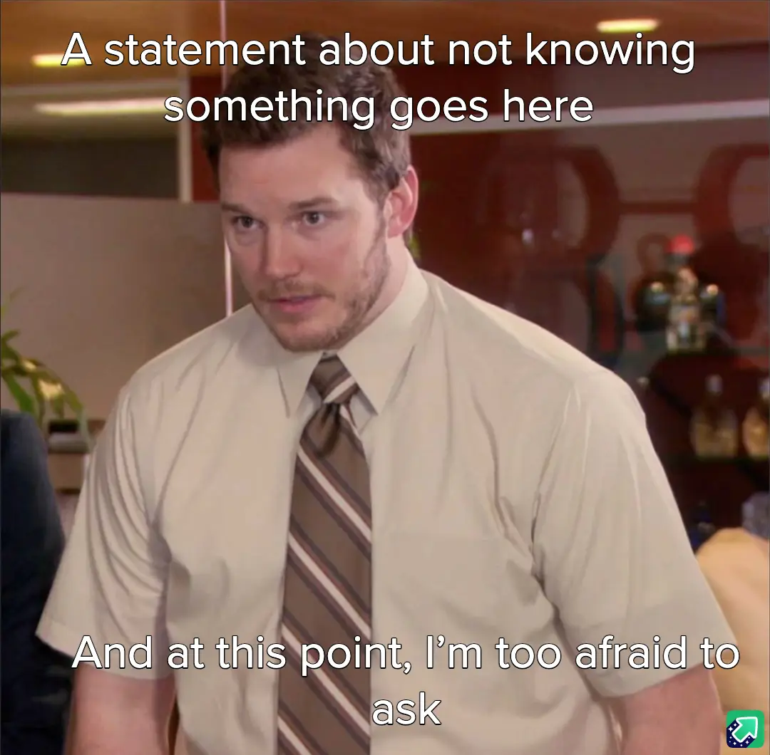 A man in a beige shirt and striped tie looks nervously at the camera in an office setting. White text overlays the image…