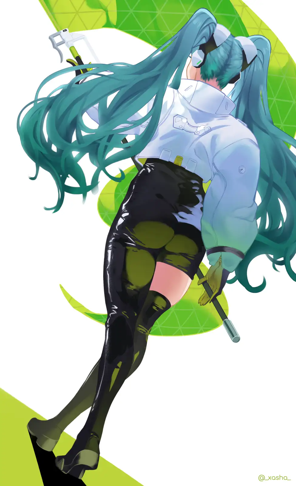 An anime-style female character with long teal hair in twin tails, viewed from behind, wears a white jacket, black shiny…