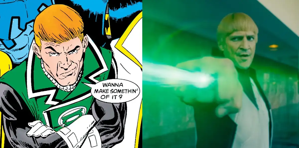The image is a side-by-side comparison: on the left, a comic book panel of Green Lantern (John Stewart) with a speech bubble…