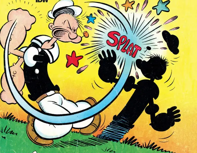 A cartoon image shows Popeye the Sailor Man swinging a giant, curved, blue blade in a circular motion, striking a black…