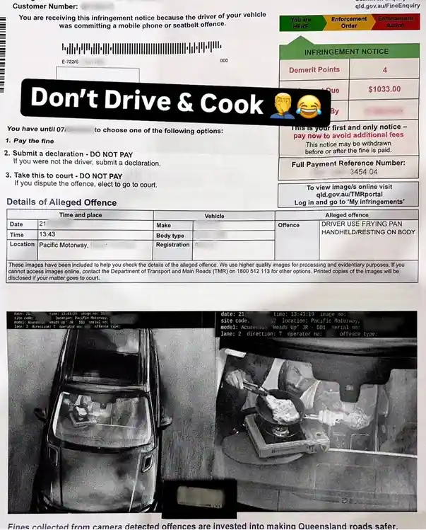 An Australian infringement notice shows a driver using a frying pan while driving, with the overlaid text 'Don't Drive &…