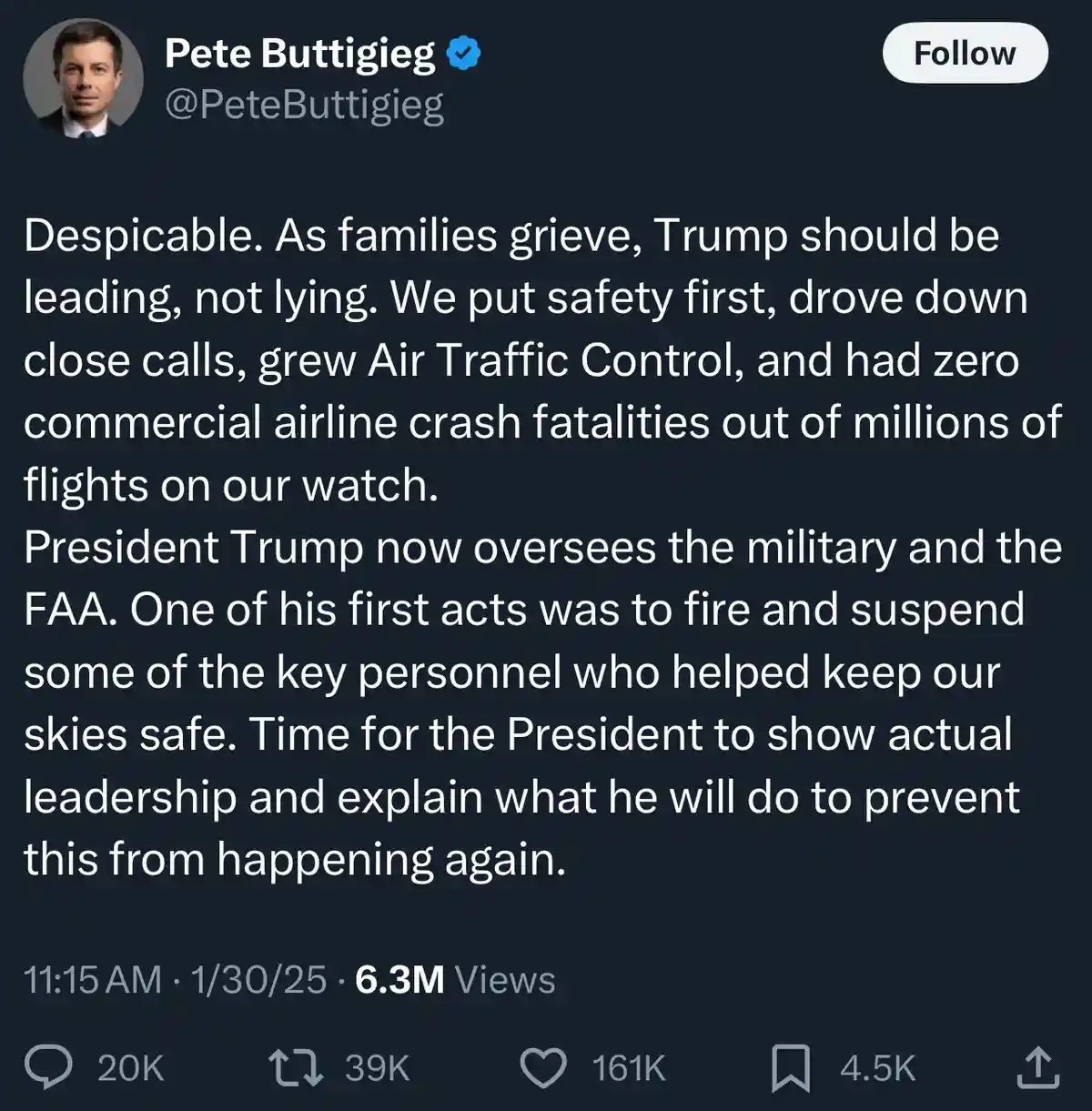 A screenshot of a tweet from Pete Buttigieg's verified Twitter account, featuring his profile picture and a long text…
