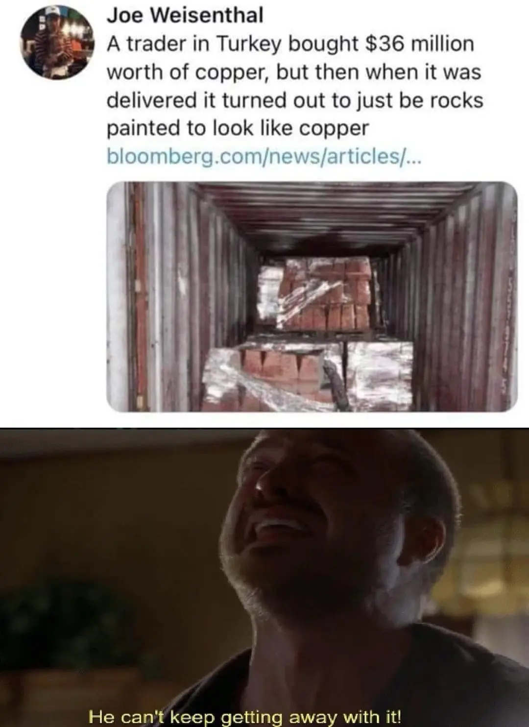 The image shows a top section with a tweet from Joe Weisenthal about a trader in Turkey who paid $36 million for copper that…