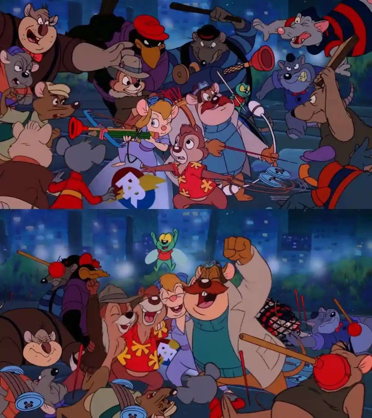 The image is split into two panels from the animated movie 'An American Tail'. In the top panel, a large group of…