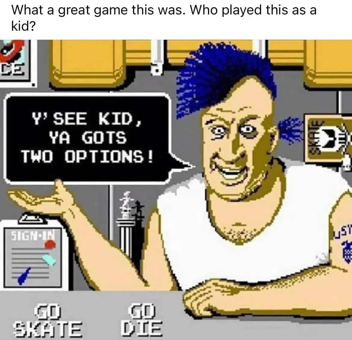 A pixelated image from the 1990s video game 'Skate or Die' shows a muscular man with blue spiky hair and a white tank top…