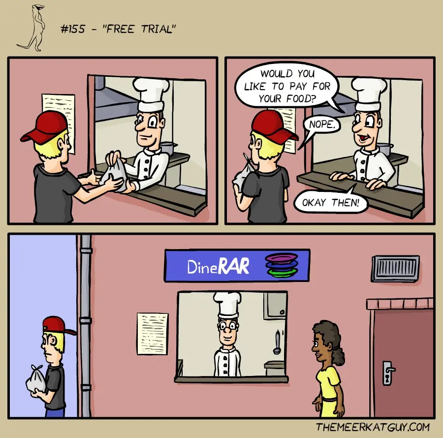 A three-panel comic shows a customer at a restaurant counter receiving food, refusing to pay, and then leaving. The chef…