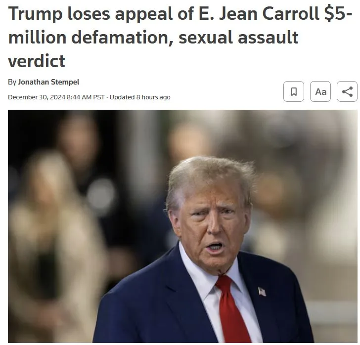 A screenshot of a news article headline about Donald Trump losing an appeal of a $5-million defamation and sexual assault…