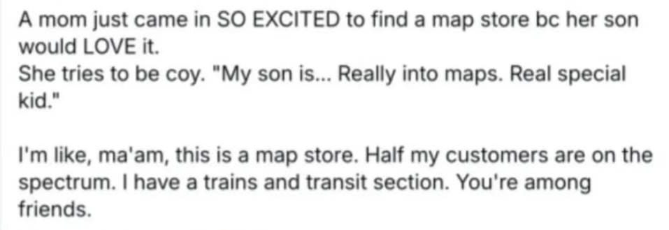 The image is a plain white background with black text that tells a joke. The text describes a mom excitedly entering a map…