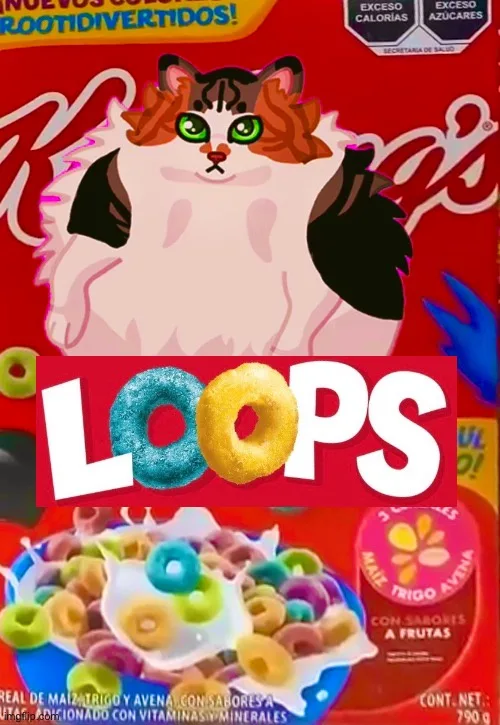 A digitally altered Kellogg's cereal box features a large, fluffy, overweight cat with green eyes as the main character…