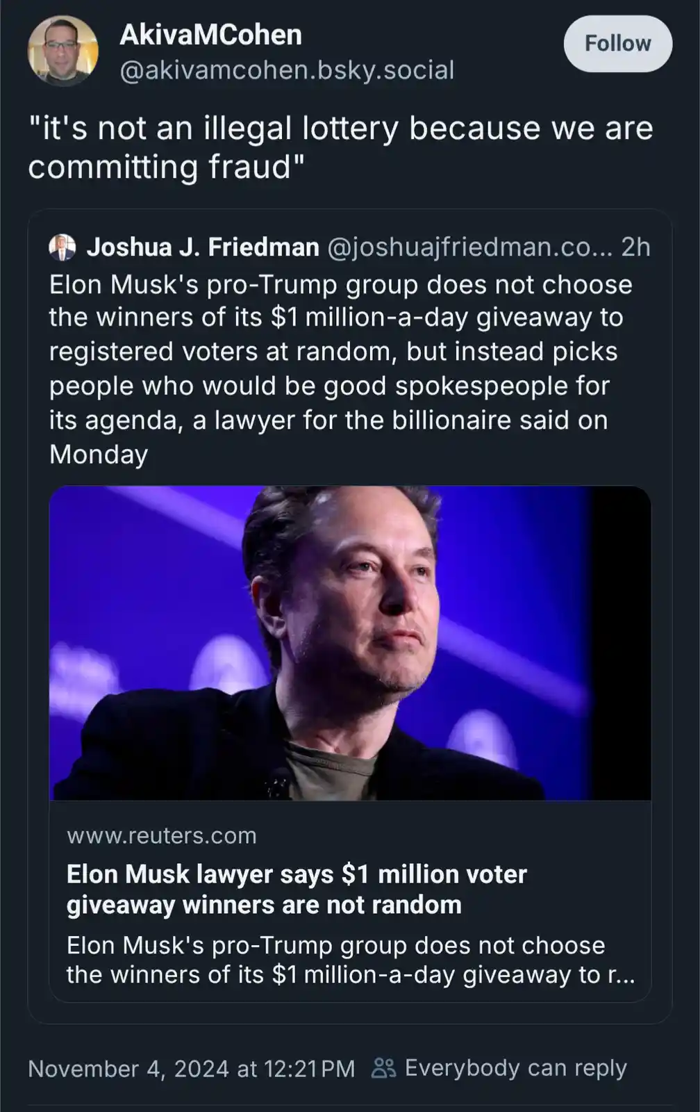 A screenshot of a social media post showing a news article about Elon Musk's pro-Trump group selecting non-random winners…