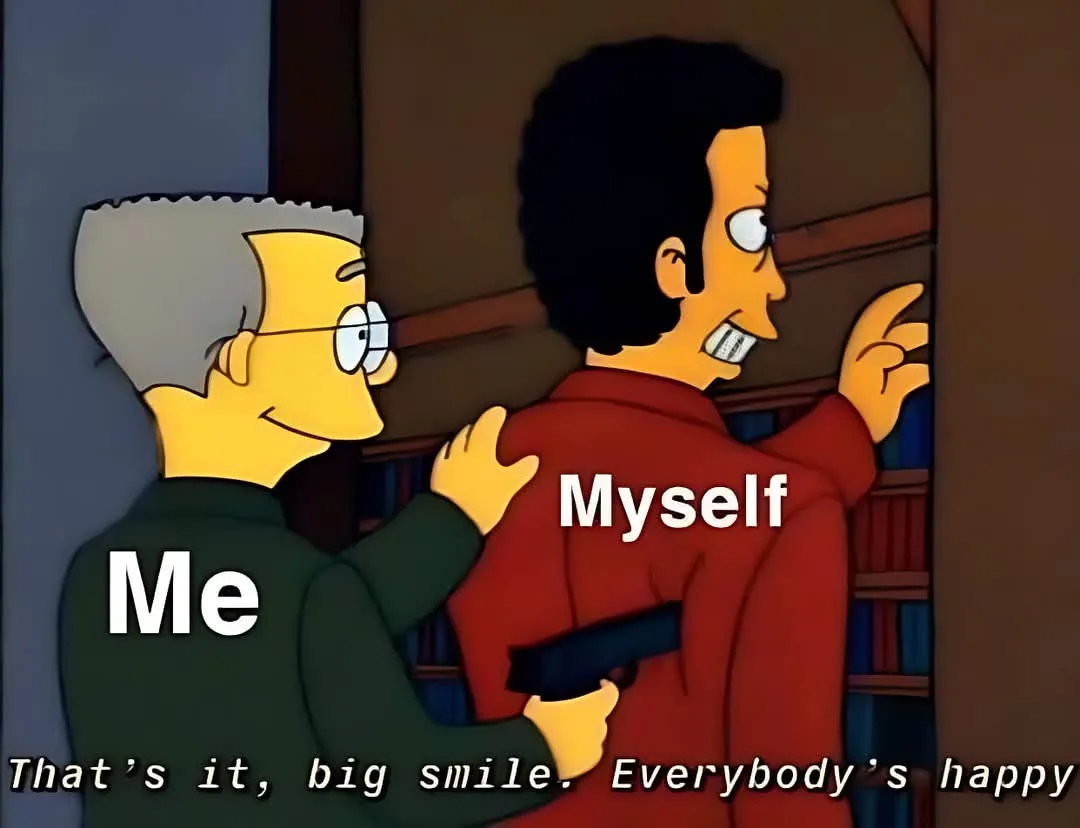 In this image from The Simpsons, a character labeled 'Me' with gray hair and glasses is smiling while placing a hand on the…