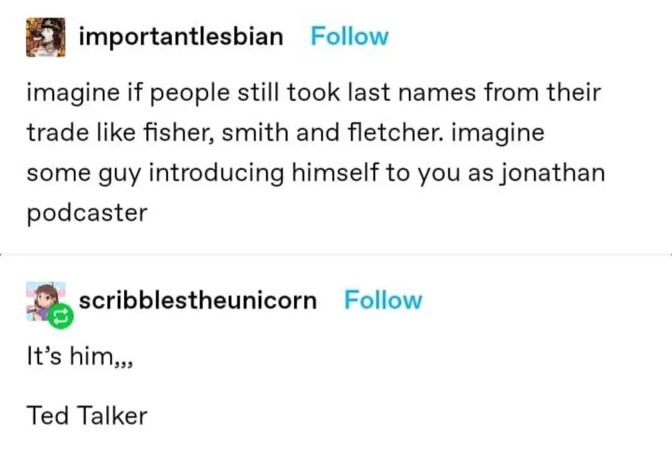 The image shows a screenshot of a Twitter-like interface with two tweets. The first tweet by 'importantlesbian' imagines a…