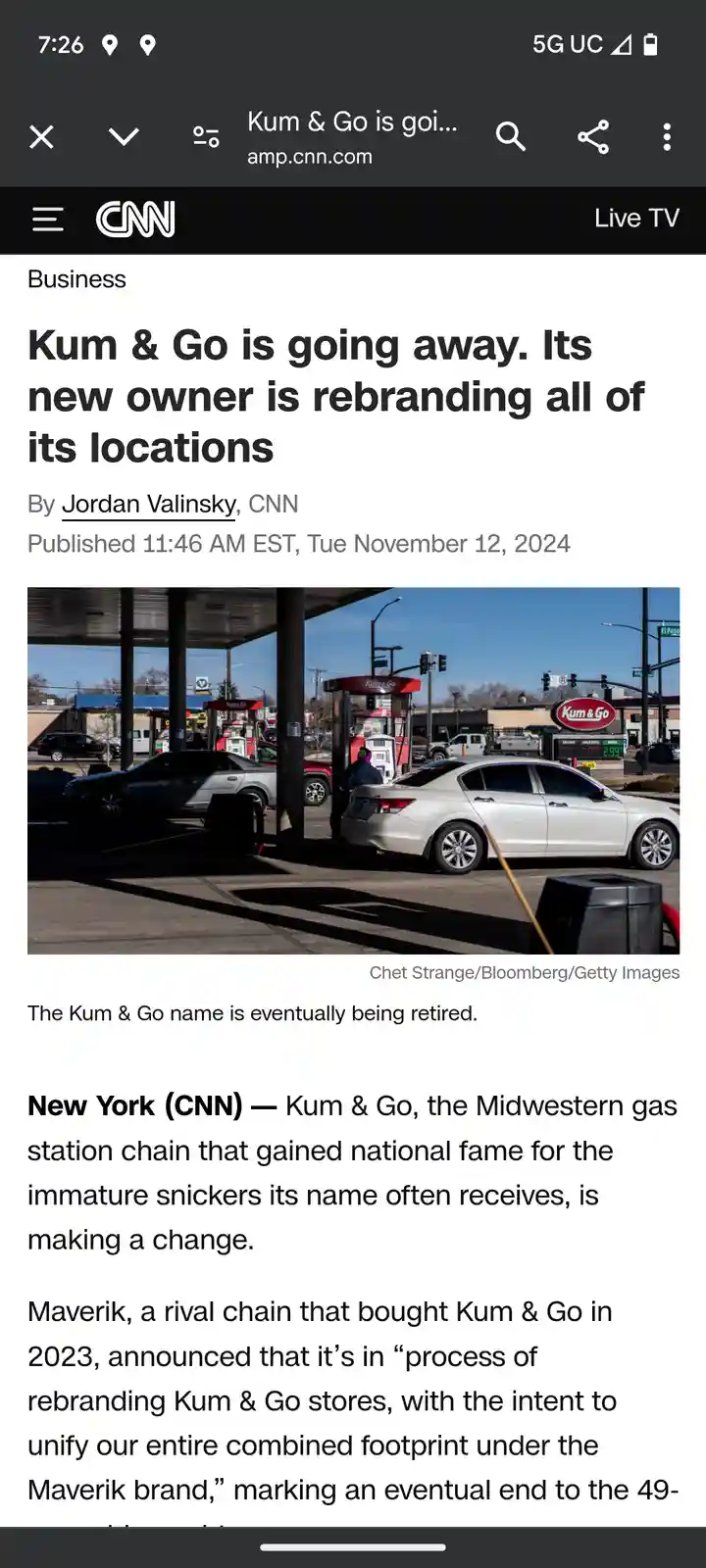 A screenshot of a CNN article about Kum & Go gas stations being rebranded by their new owner Maverik. The image shows a Kum…