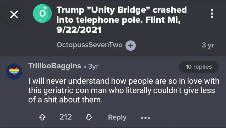 A screenshot of a Reddit comment thread shows a top comment stating 'Trump "Unity Bridge" crashed into telephone pole. Flint…