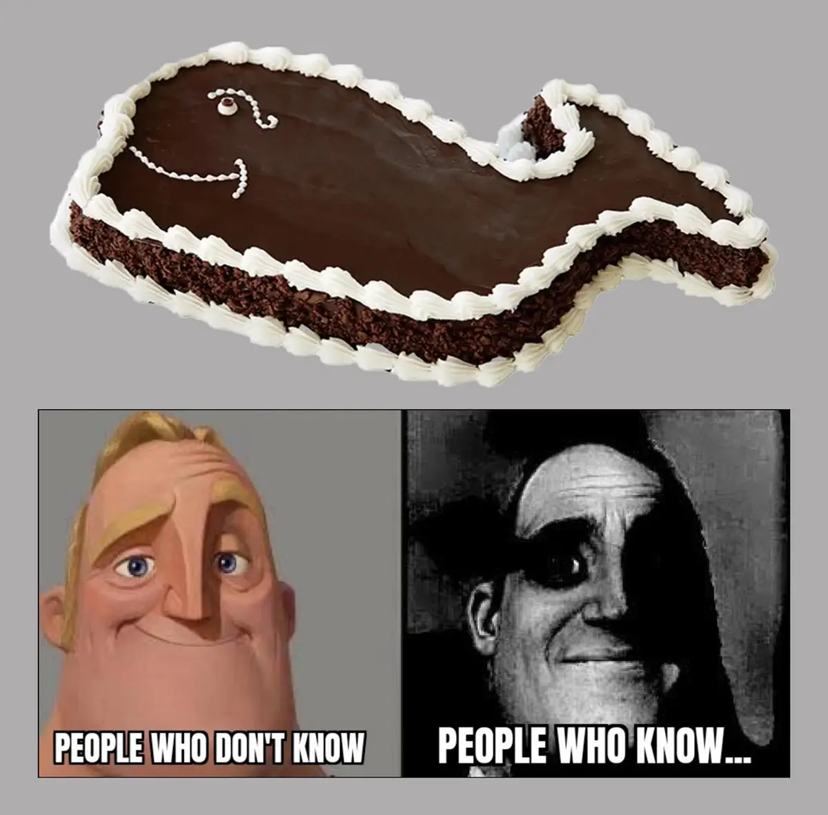 An image of a chocolate cake shaped like a whale with a bite taken out of its tail, positioned above a split-panel meme. The…
