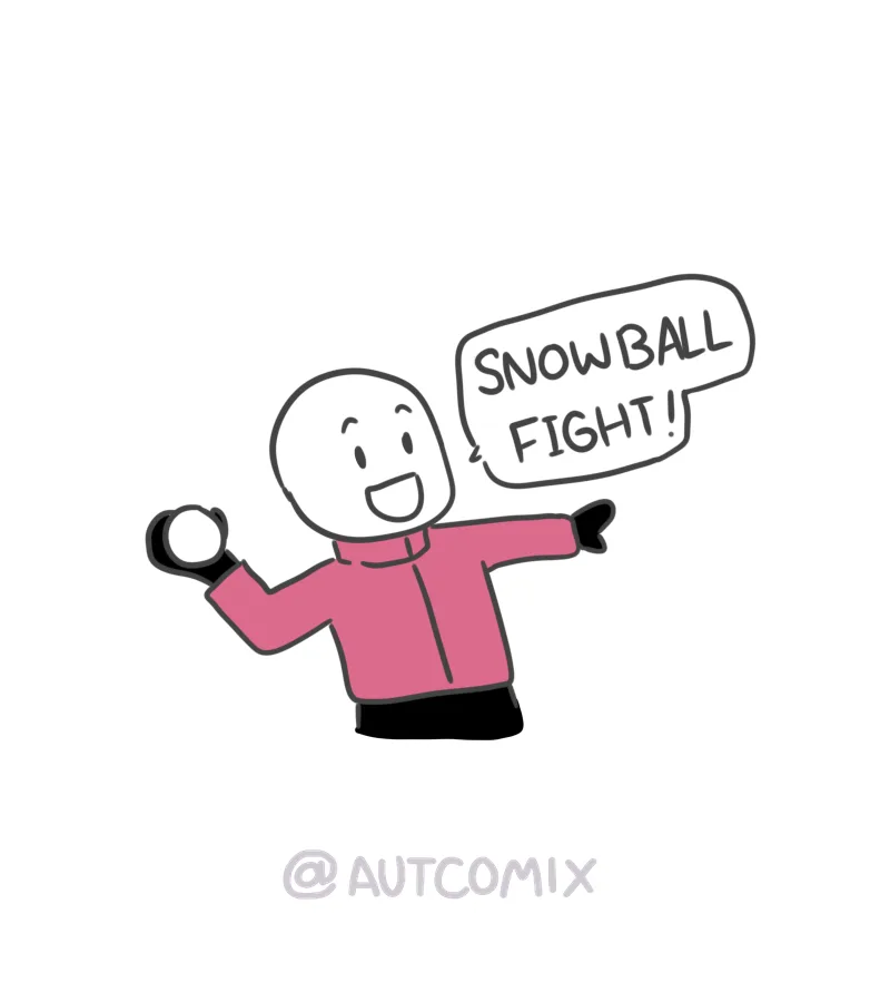 A simple cartoon drawing shows a smiling, bald character in a pink jacket and black pants, holding a snowball in one hand…