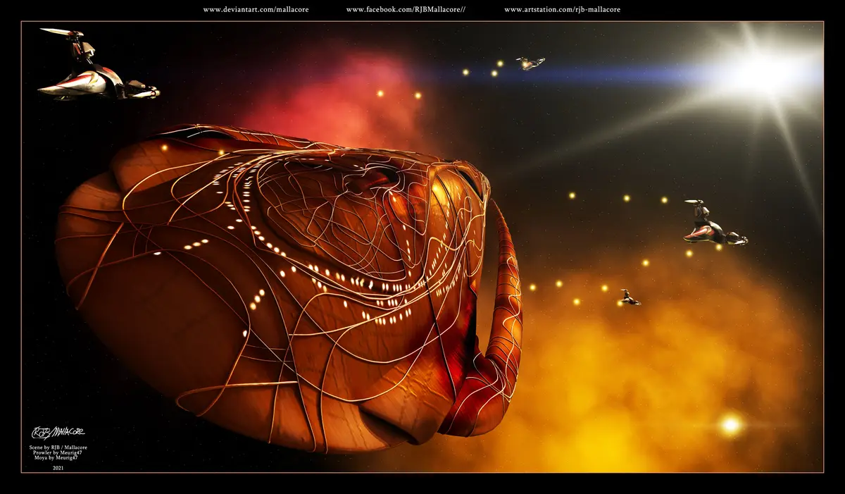 A digital artwork depicts a large, organic-looking spaceship resembling a giant, glowing orange and brown pod with intricate…
