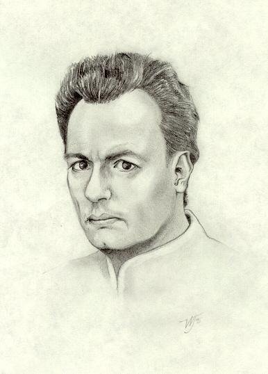 A pencil sketch of a man with a stern, unimpressed facial expression, looking slightly to his right. The image has text…