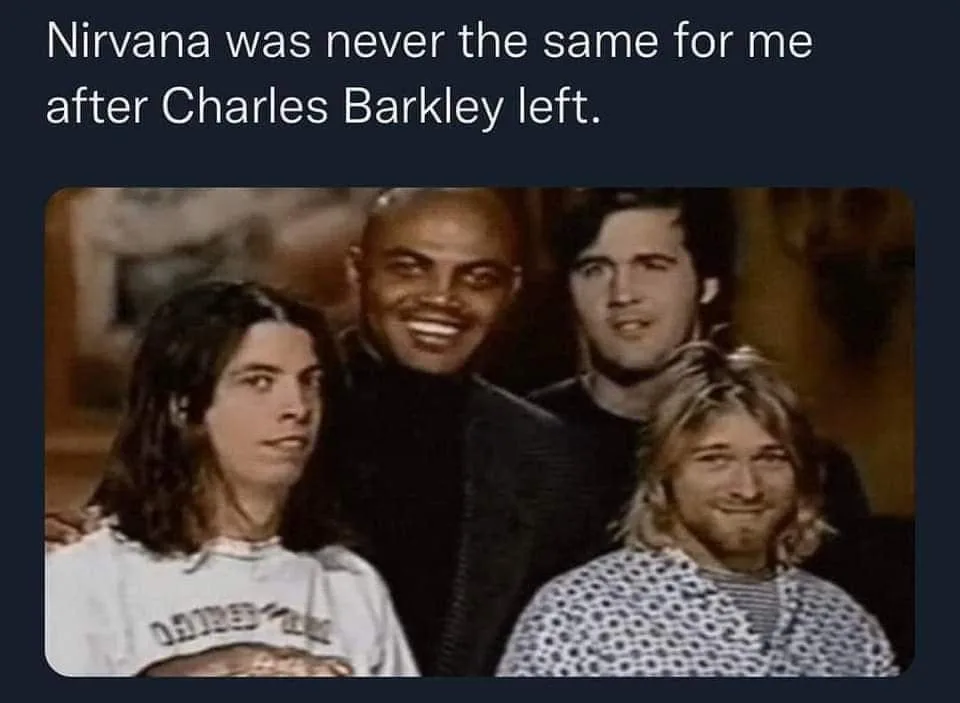 The image shows four men posing together, including Kurt Cobain and Dave Grohl of Nirvana, with Charles Barkley and another…