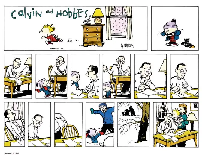 A Calvin and Hobbes comic strip from January 14, 1990, showing Calvin running into his room, then being found by his father…