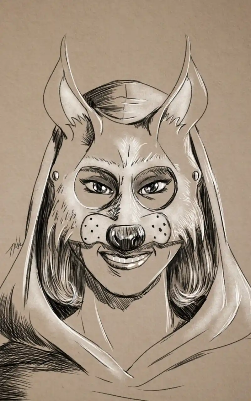 A sepia-toned sketch depicts a person wearing a wolf mask with pointed ears and a snout, smiling broadly. The mask covers…