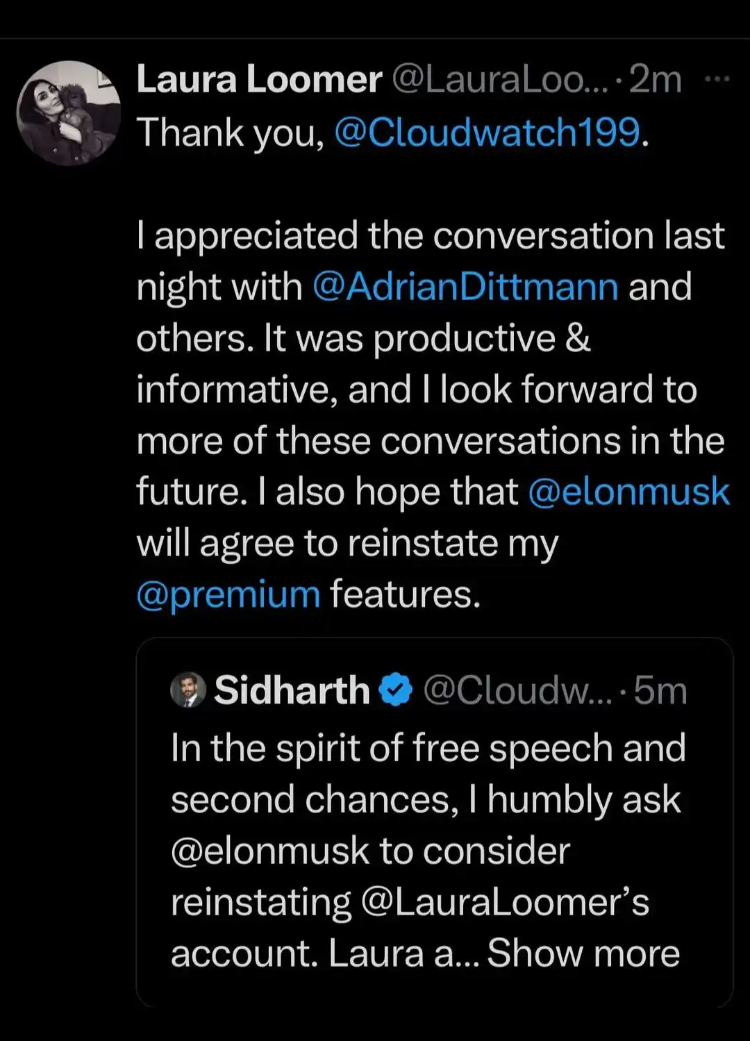 A screenshot of two Twitter/X posts. The top post by Laura Loomer thanks people for a conversation and asks Elon Musk to…