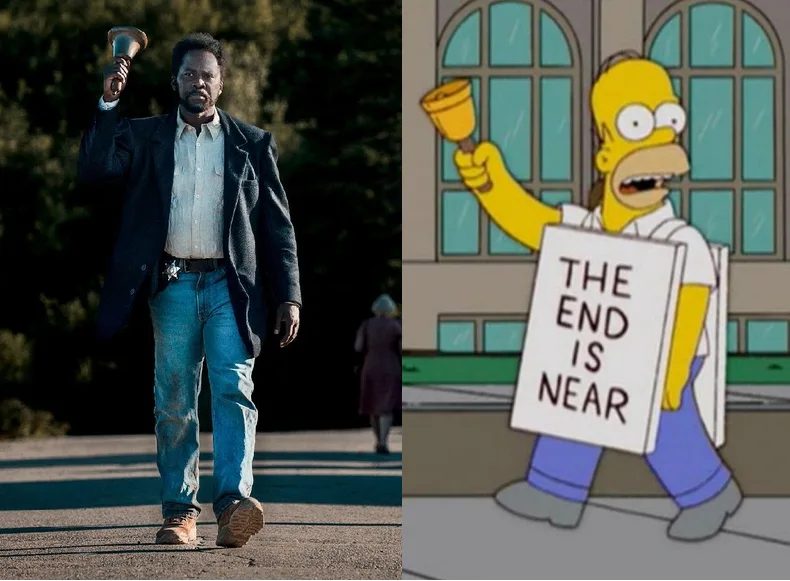 The image is a side-by-side comparison: on the left, a man in a dark coat and jeans holds a bell aloft while walking…
