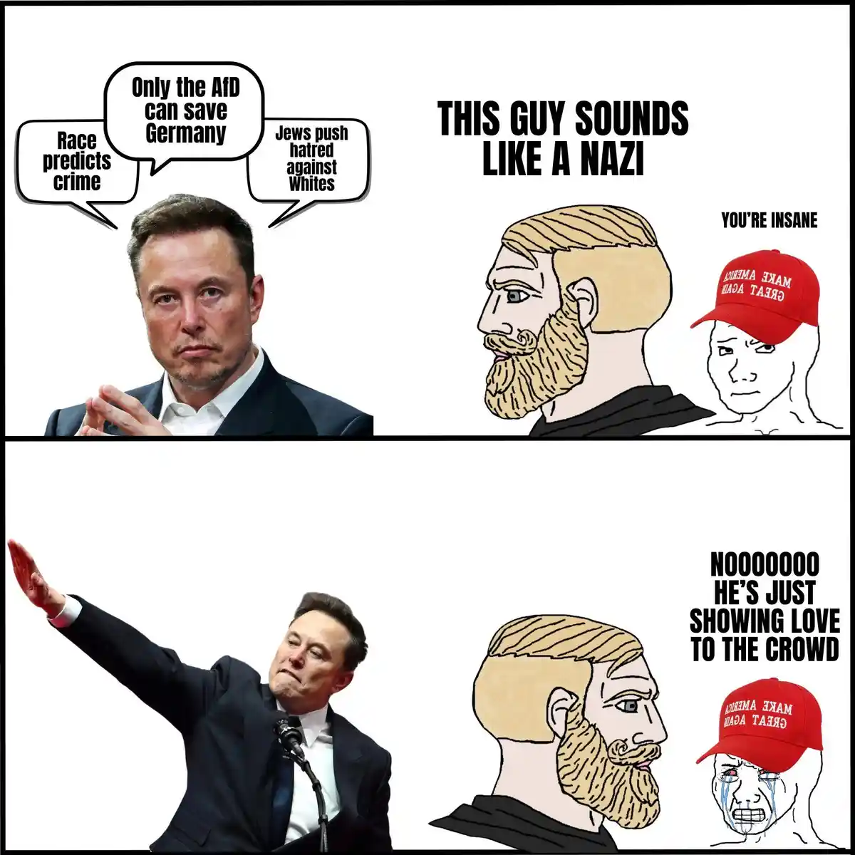 The meme features Elon Musk in two panels. In the top panel, he's shown with speech bubbles containing racist and…