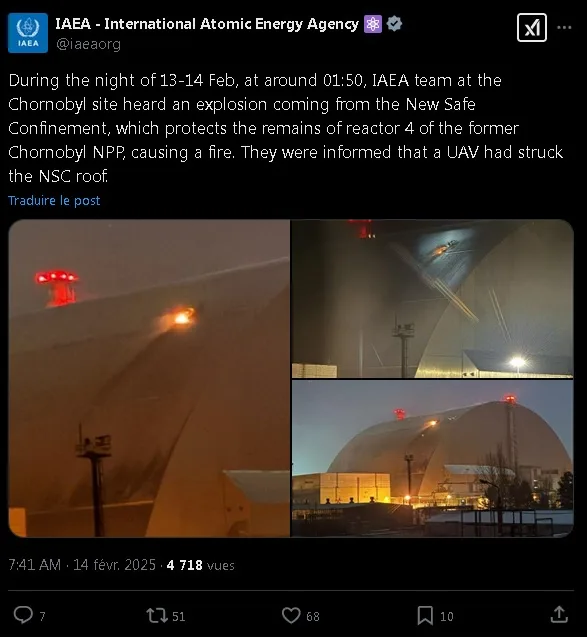 A screenshot of an IAEA X (Twitter) post showing three nighttime photos of the New Safe Confinement structure at Chornobyl…