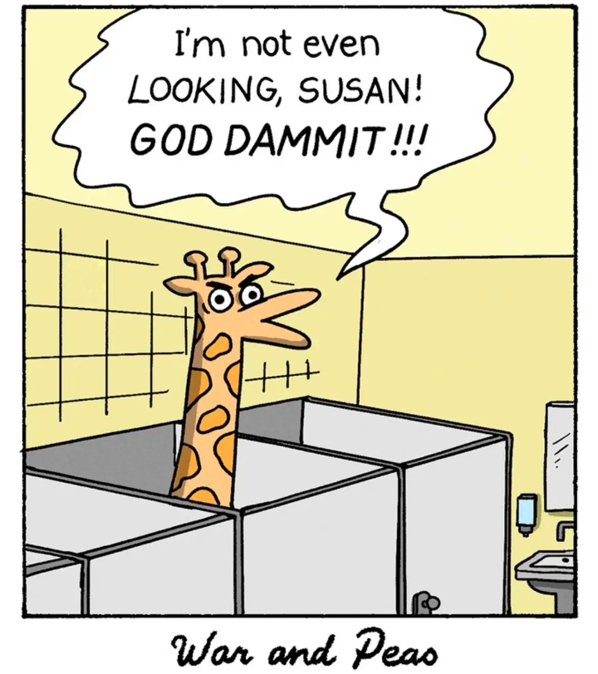 A cartoon giraffe with an angry expression is standing in a bathroom stall, yelling into a speech bubble. The text in the…
