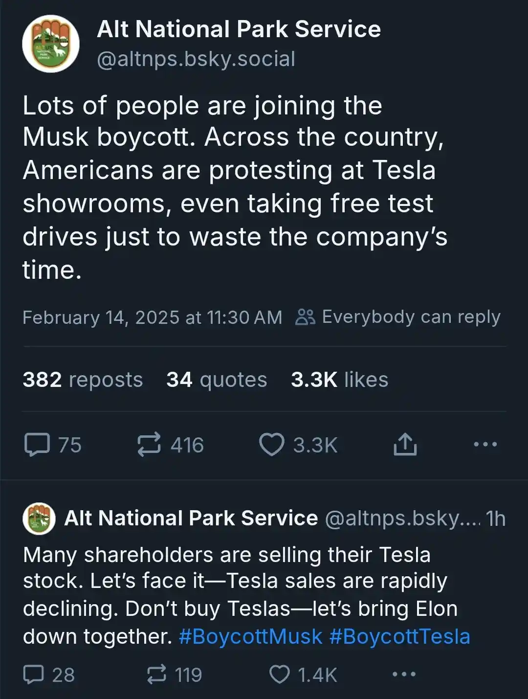 A screenshot of two tweets from a fictional account called 'Alt National Park Service' on Bluesky, parodying official…