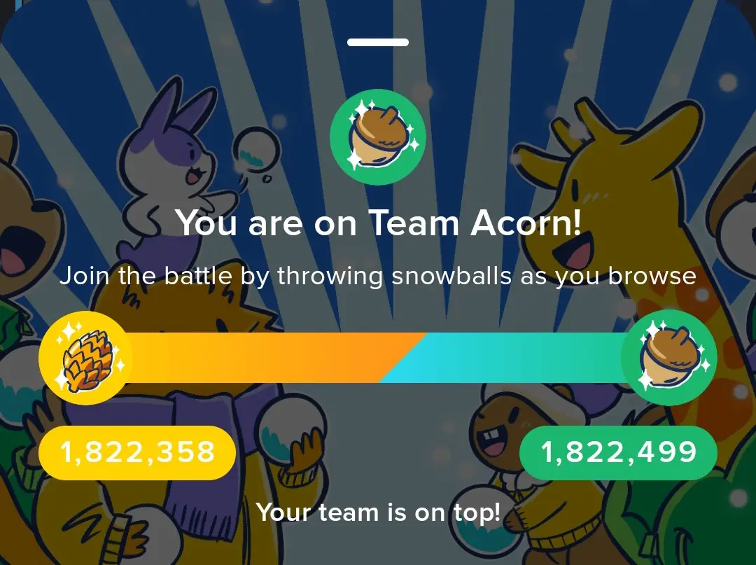 A screenshot of a mobile game interface showing a team battle between 'Team Acorn' and 'Team Honeycomb'. The user is on Team…