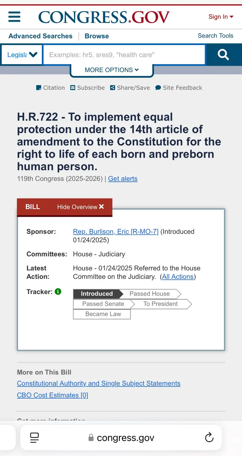 A screenshot of the congress.gov website showing bill H.R.722, which aims to implement equal protection under the 14th…