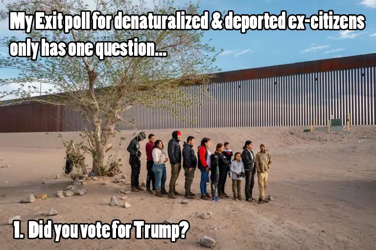 A line of people stands in a desert-like area near a tall metal border fence under a blue sky. The overlaid text reads: 'My…